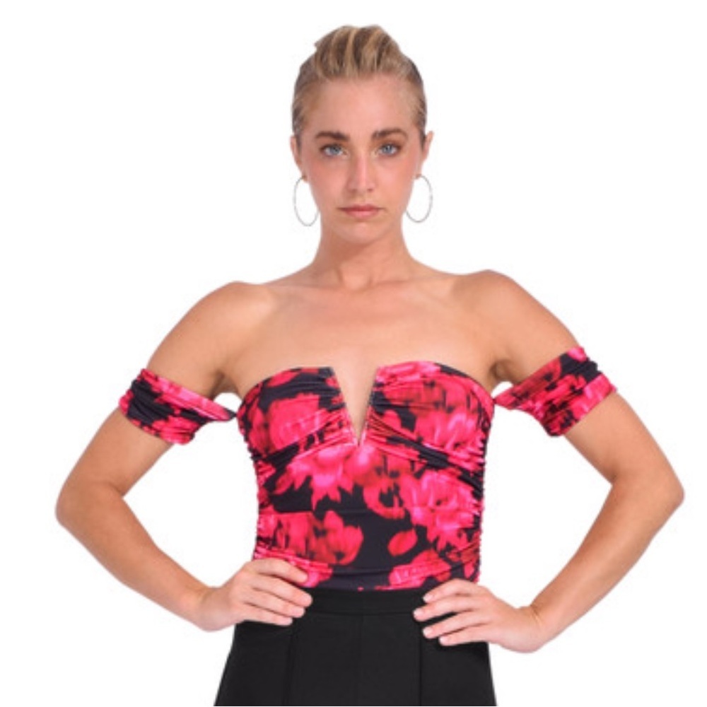 Cami Louis Bodysuit in Dolce Vita Floral Pattern Black & Pink Off the Shoulder